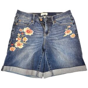 Nicole Miller Jean Shorts Tribeca Size 2 Mid Rise Pink Floral Embroidered Denim